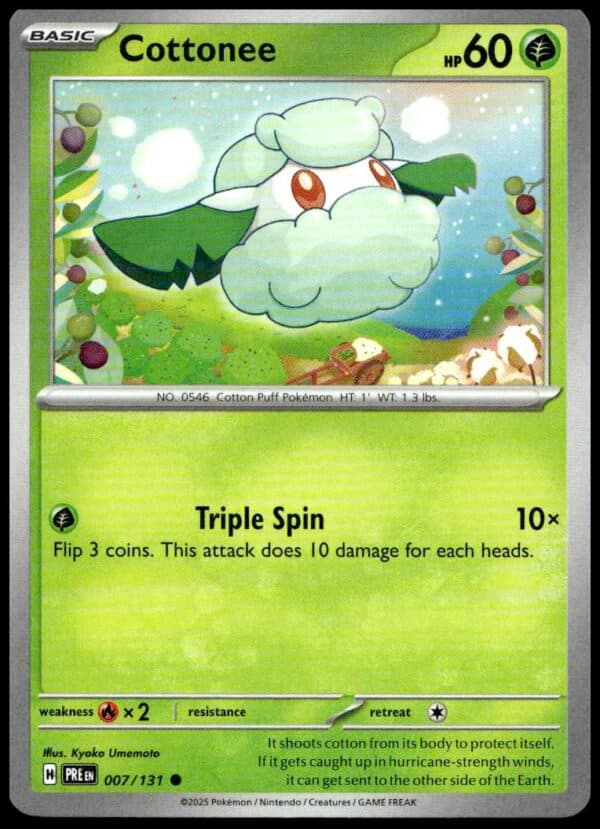 Cottonee Pokémon card from 2025 Prismatic Evolutions set with 60 HP in a meadow scene.