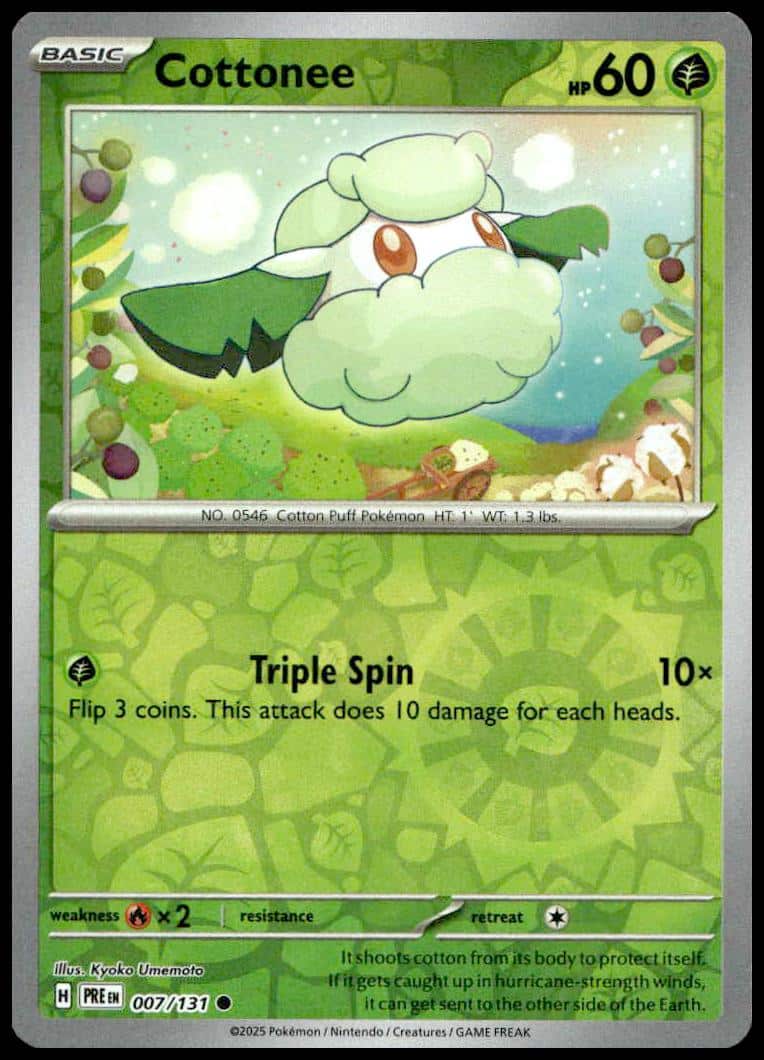 2025 Cottonee Reverse Holo Pokémon Card: Grass-type, 60 HP, Triple Spin Attack.