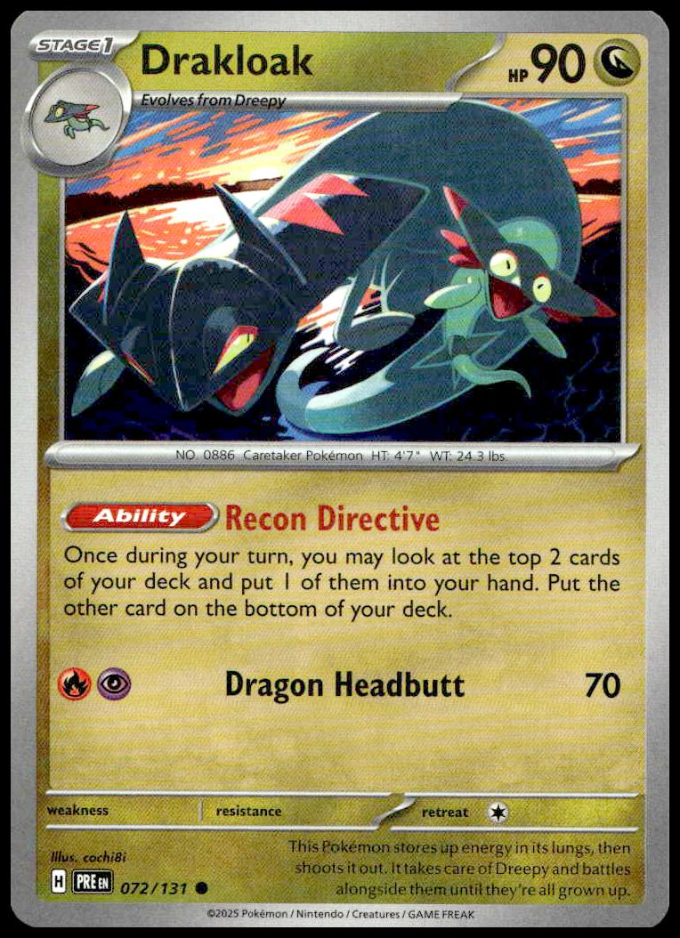 Drakloak card highlights sunset dragon art, 90 HP, Recon Directive, Dragon Headbutt.