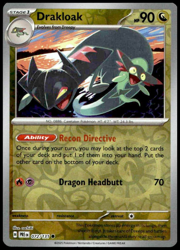 2025 Prismatic Evolutions Drakloak Reverse Holo Pokémon Card, dynamic pose, 90 HP, #072/131.