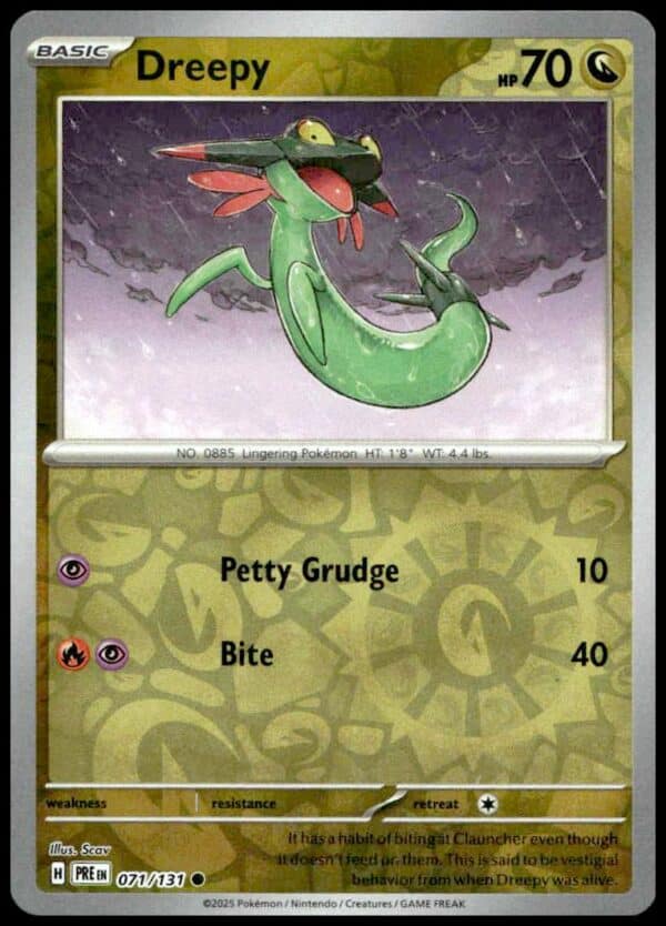 Dreepy Reverse Holo Pokémon Card, 2025 Prismatic Evolutions, featuring Dragon/Ghost-type attacks.