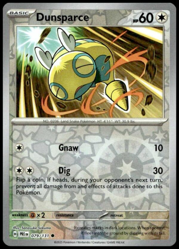 Holographic Dunsparce card, Pokémon Scarlet & Violet, 2025, foil background, 60 HP, two attacks.