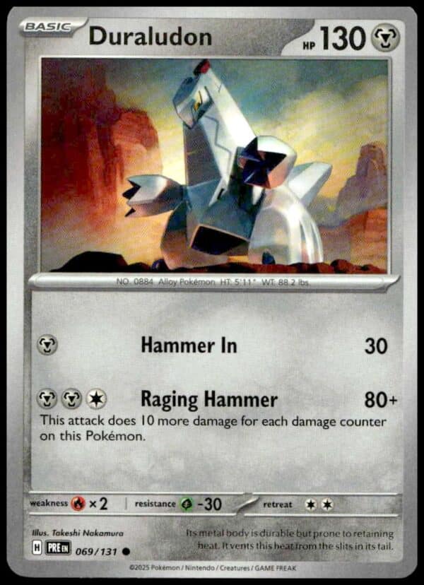 Duraludon Pokémon card featuring metallic design, 130 HP, Hammer In & Raging Hammer attacks.