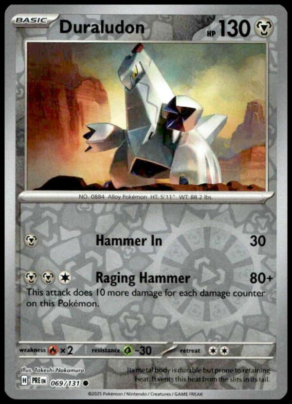 Duraludon card from Pokémon TCGs 2025 Scarlet & Violet set, features Steel/Dragon-type design.