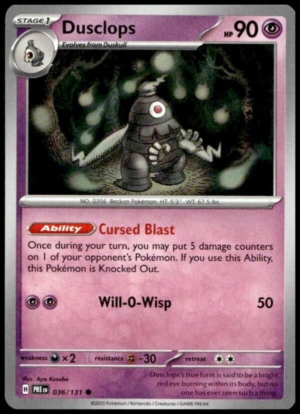 Dusclops Pokémon card, Ghost-type, 90 HP, attacks: Cursed Blast, Will-O-Wisp, #036/131.