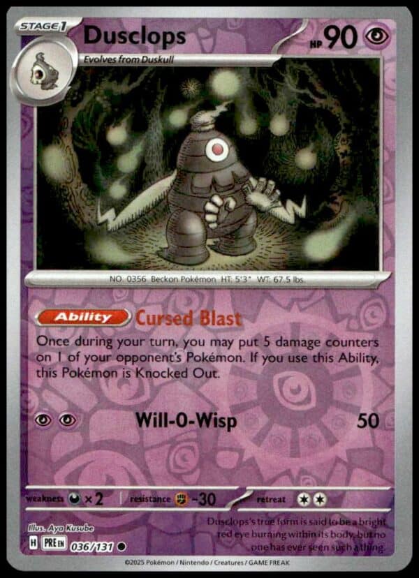 Dusclops Reverse Holo Pokémon Card - 2025 Prismatic Evolutions, 90 HP, Ghost-type.
