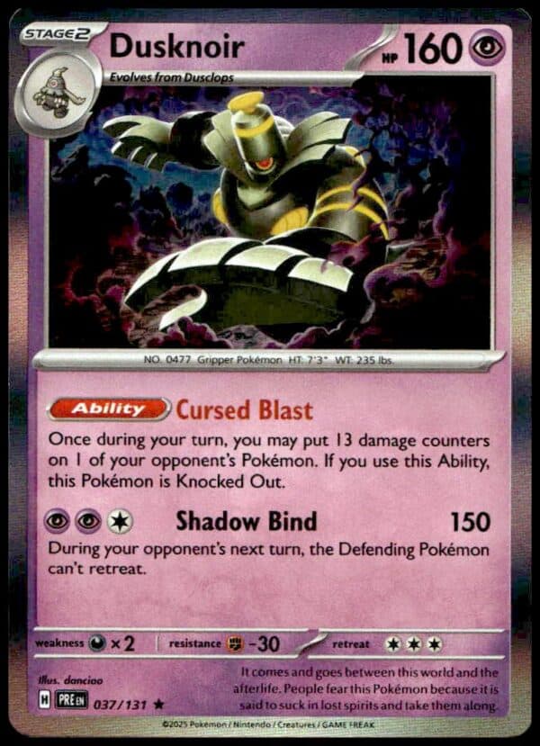 Dusknoir Pokémon card, 2025 Prismatic Evolutions, with holographic design and powerful psychic attacks.