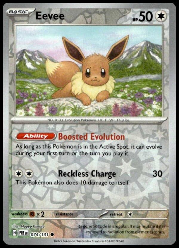Eevee Holographic Trading Card in a Meadow with Mountains, Special Edition Abilities Included.