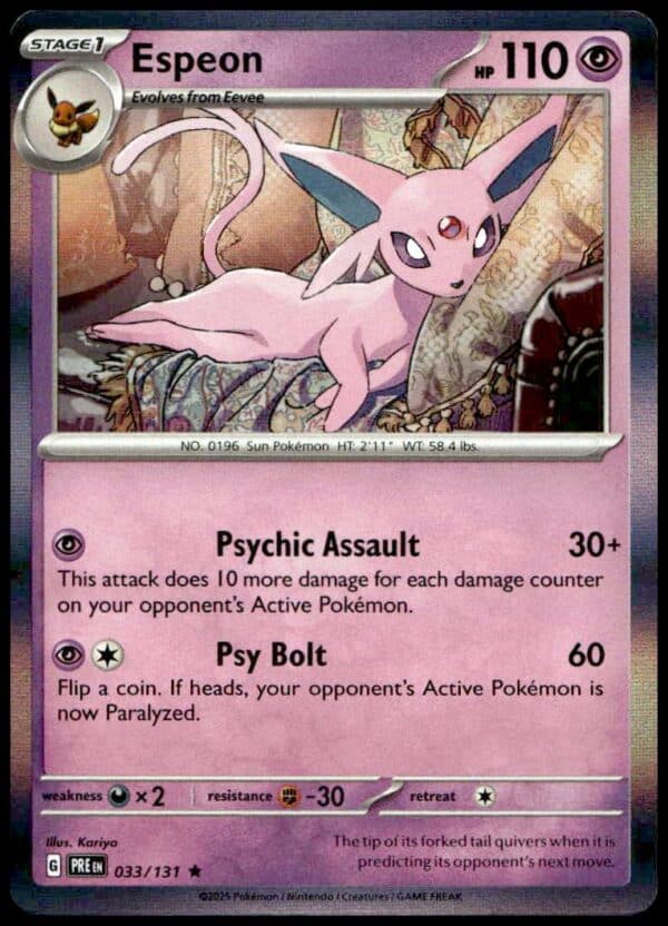 2025 Prismatic Evolutions Espeon Holo card featuring mystical psychic-themed artwork.