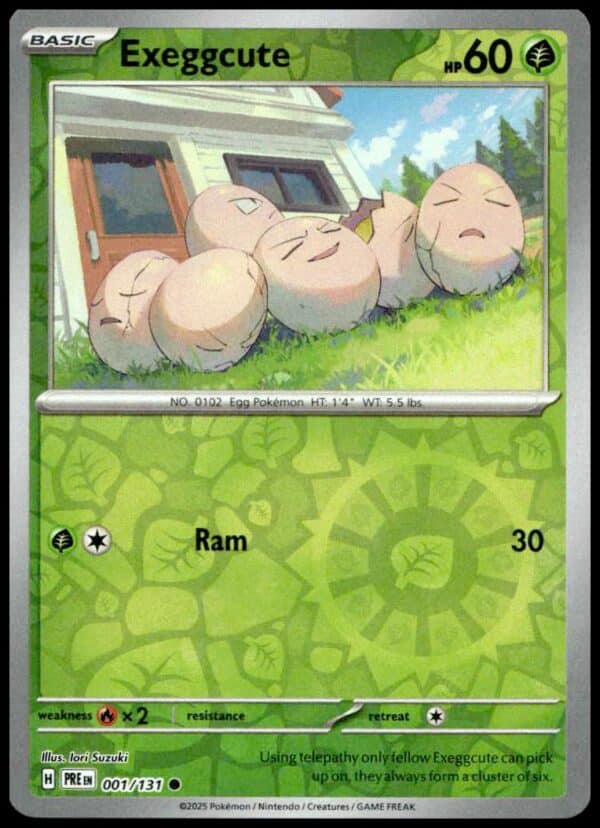 Exeggcute card, 2025 Prismatic Evolutions, 60 HP, Grass-type, Ram attack, serene eggs illustration.