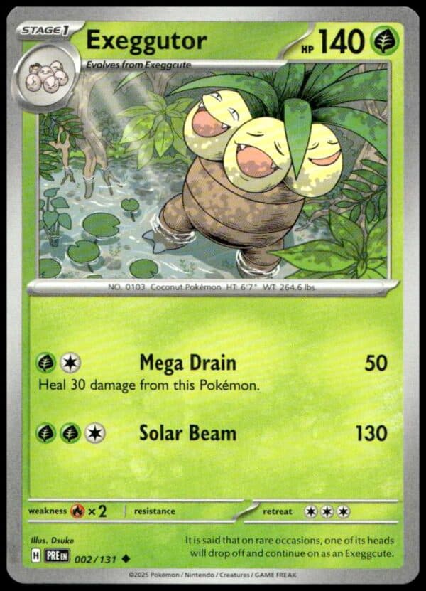 Exeggutor Pokémon card from 2025 set, vibrant jungle art, 140 HP, powerful attacks.