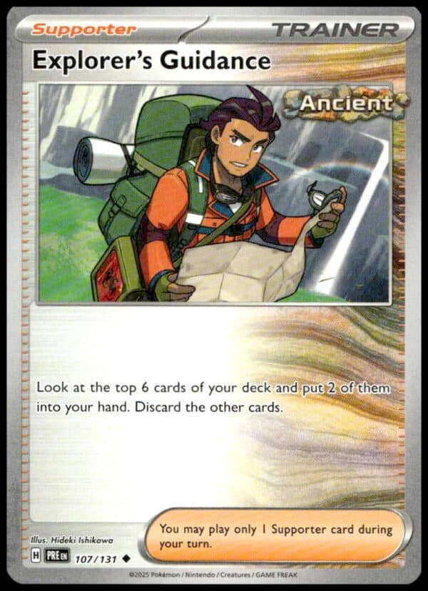 Explorers Guidance Pokémon card from Ancient set: explorer, map, deck search ability, card 127/165.