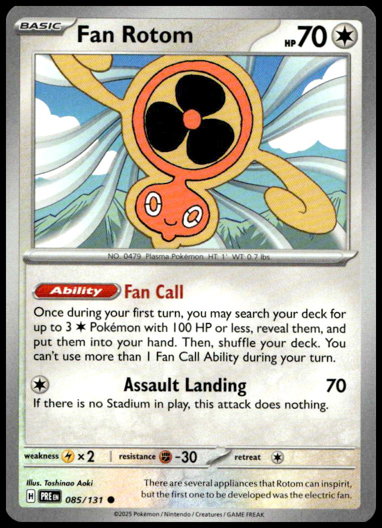 Fan Rotom Pokémon card from Prismatic Evolutions 2025, showcasing 70 HP and unique abilities.