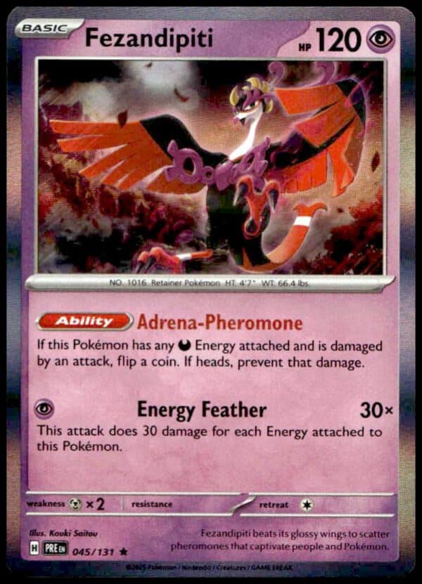 Fezandipiti Pokémon card with dynamic artwork from Prismatic Evolutions set, featuring unique attacks.