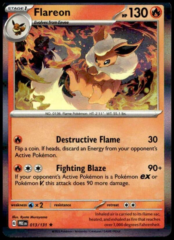 Flareon Holo card from 2025 Prismatic Evolutions set with 130 HP and fiery artwork.