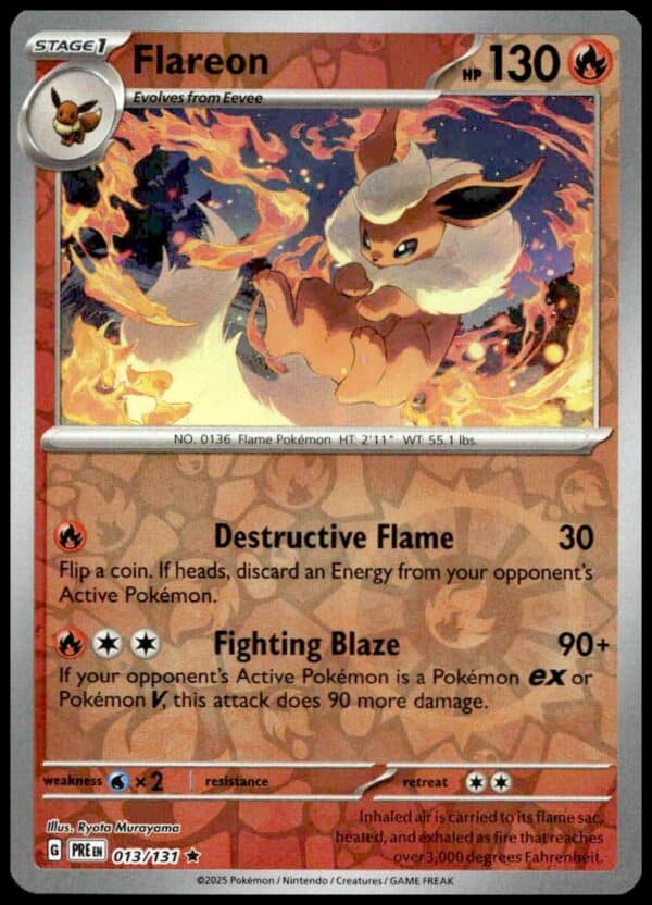2025 Flareon Pokémon card featuring holographic art, Destructive Flame, and Fighting Blaze attacks.