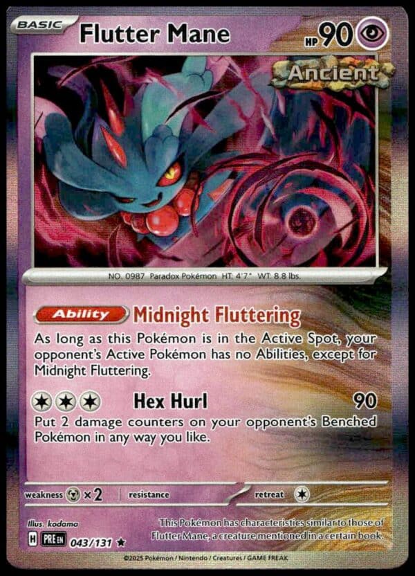 Flutter Mane Holo Pokémon Card from 2025 Prismatic Evolutions set, showcasing Midnight Fluttering ability.