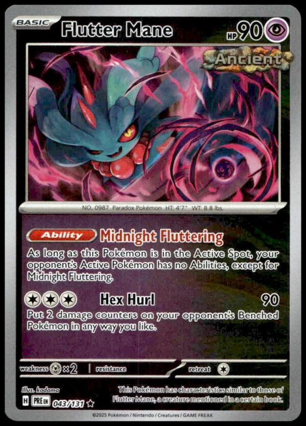 Rare Flutter Mane Pokémon card 2025, Prismatic Evolutions set, reverse holo, ghostly theme.