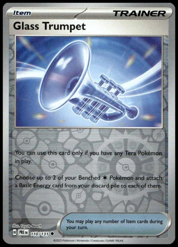 Glass Trumpet Trainer card from Pokémon: Prismatic Evolutions, 2025, reverse holo, #110/131.