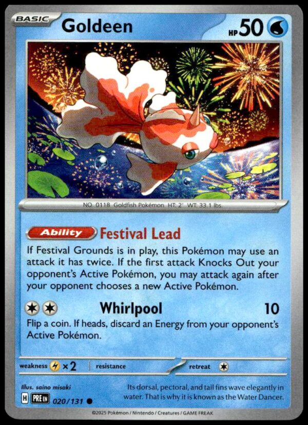 2025 Goldeen Pokémon card, featuring dynamic artwork, Festival Lead ability, Whirlpool attack.
