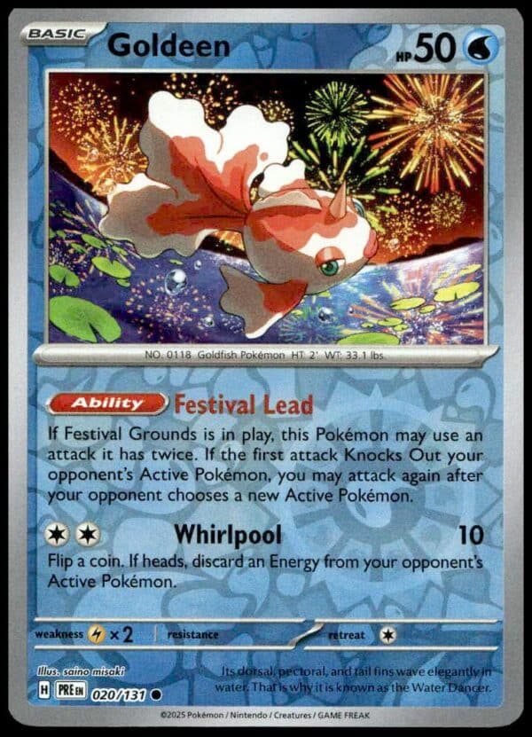 Goldeen Reverse Holo card from Prismatic Evolutions 2025 features aquatic scenery and holographic art.
