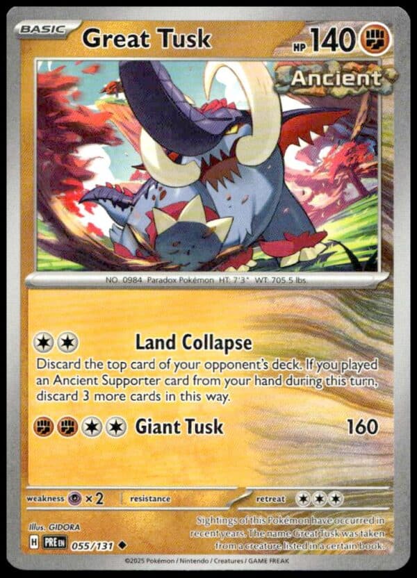 Great Tusk Pokémon Card: Rare prehistoric tusked beast with powerful attacks, vibrant holographic artwork.