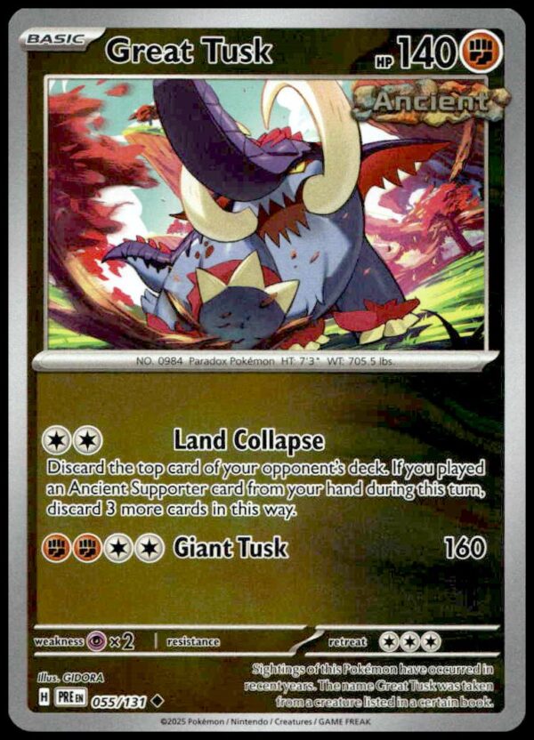 Great Tusk Reverse Holo Pokémon Card with 140 HP, 2025 Scarlet & Violet Edition.