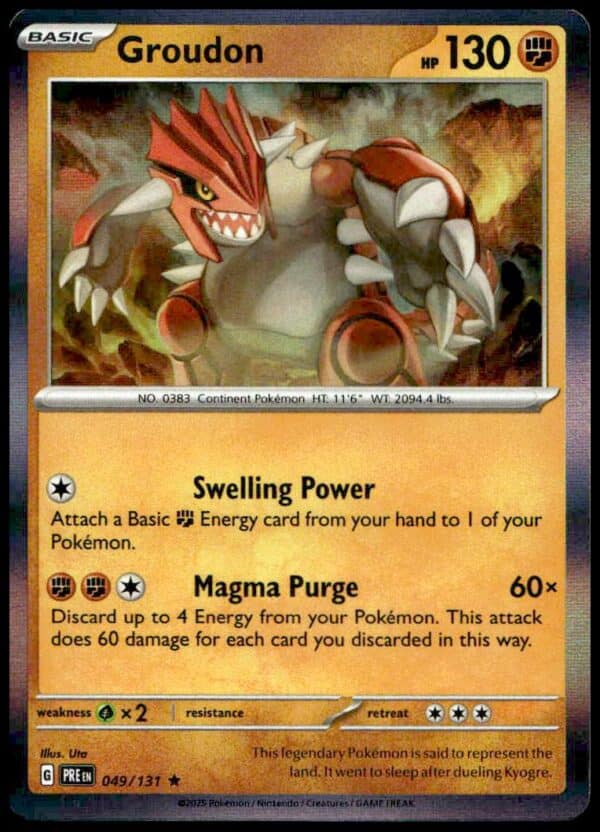 Groudon Holo Trading Card: 2025 Prismatic Evolutions, featuring dynamic artwork and powerful abilities.