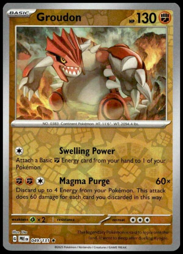 Groudon card from 2025 Prismatic Evolutions set, holographic with 130 HP and powerful attacks.
