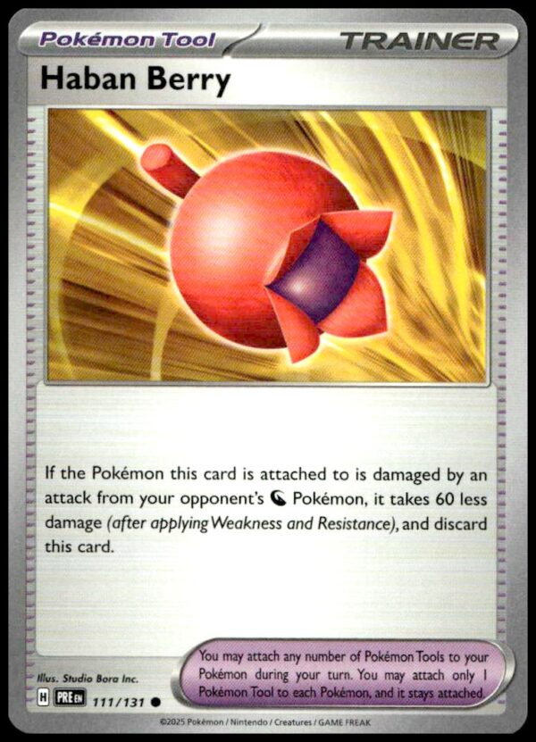 Haban Berry Trainer Card from Pokémon Prismatic Evolutions, reducing attack damage when attached.