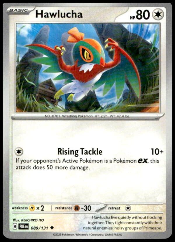 2025 Pokémon Scarlet & Violet Hawlucha Card: Dynamic mid-flight pose, lush backdrop.