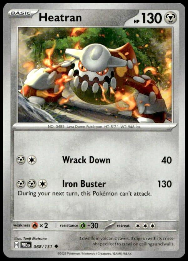 Heatran Pokémon card from Prismatic Evolutions set, fiery artwork, 130 HP, holographic rarity.