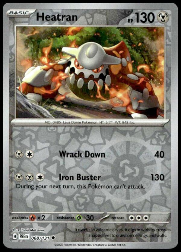 Heatran Pokémon card from the Platinum series, featuring a reverse holo design and powerful attacks.