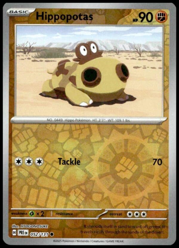 Hippopotas Pokémon card depicting desert habitat with golden border; 90 HP, 70-damage Tackle attack.