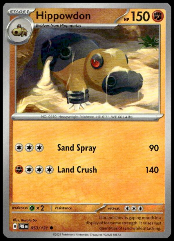 Hippowdon Pokémon card from 2025 Prismatic Evolutions, featuring 150 HP and powerful Ground-type attacks.