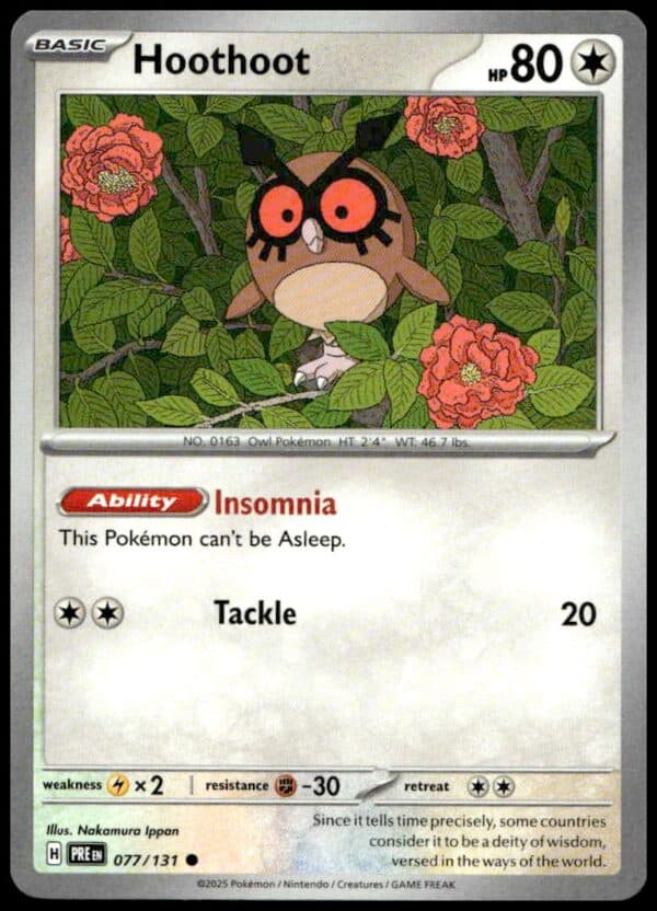 Hoothoot Pokémon card from Prismatic Evolutions set featuring Insomnia ability and Tackle attack.