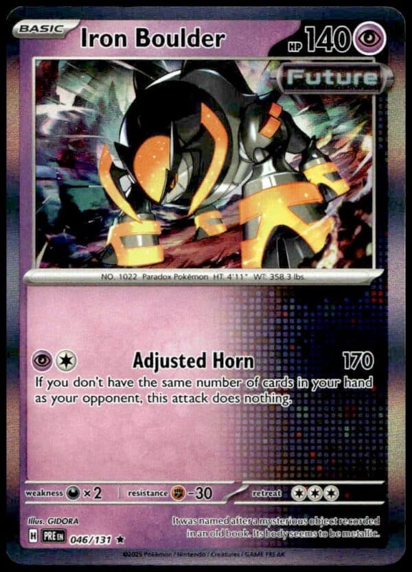 Iron Boulder holographic card from 2025 Pokémon Prismatic Set, featuring a futuristic mechanical creature.
