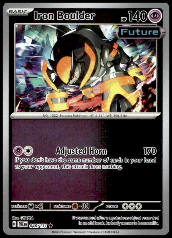 2025 Pokémon Prismatic Evolutions Iron Boulder card, 140 HP, fiery Metal-type, Adjusted Horn attack.