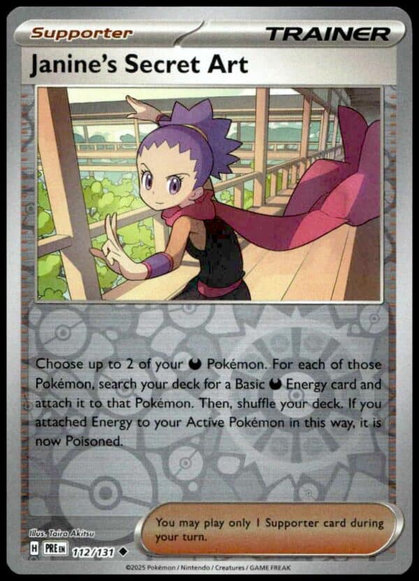Janines Secret Art Pokémon Card: 2025 Prismatic Evolutions, full-art Supporter, collectible artwork.