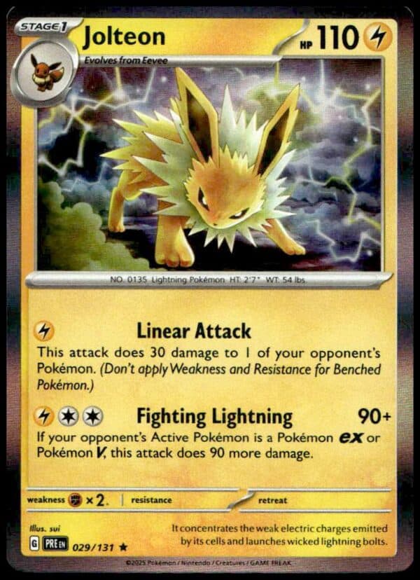 Jolteon Holo Card: 2025 Prismatic Evolutions, Electric-type, 110 HP, two attacks, collectible rarity.