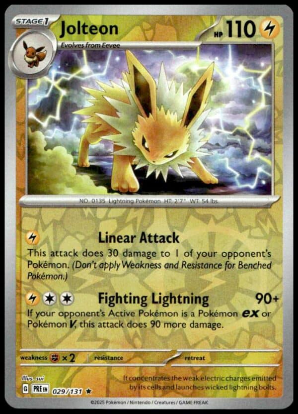 Jolteon Pokémon card: dynamic Electric-type artwork, rare reverse holo, powerful attacks.