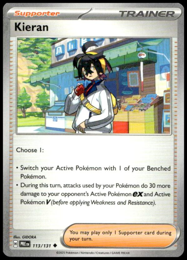 Kieran Trainer Card: Pokémon TCG, Prismatic Evolutions, Supporter, enhance gameplay with diverse strategies.