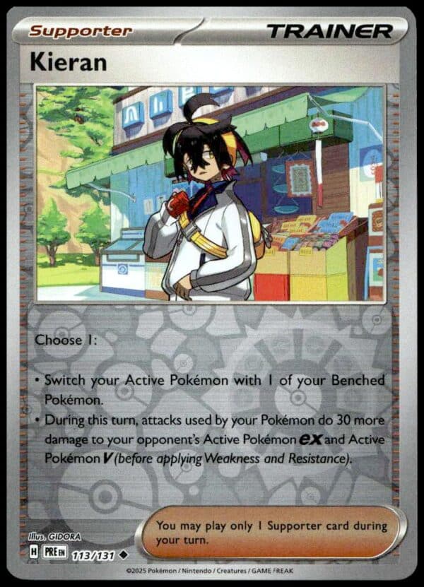 Kieran Trainer card: Reverse Holo, Pokémon Center backdrop, strategic gameplay effects. 2025 Prismatic Evolutions.