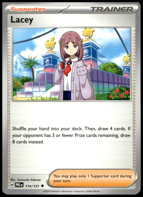 Lacey Pokémon TCG Trainer Card, Prismatic Evolutions: strategic support with vibrant, tropical design.