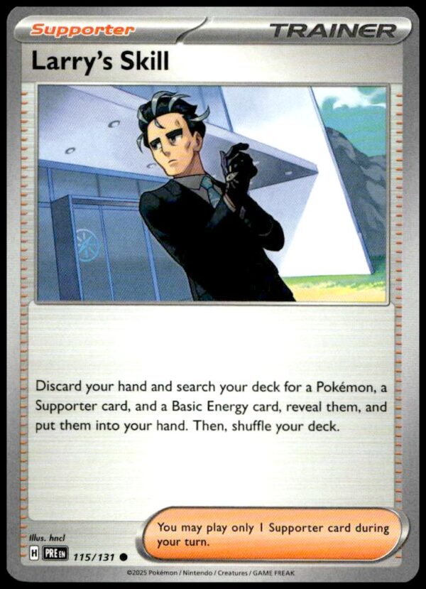 Larrys Skill Trainer Card: Search deck for Pokémon and Basic Energy in Prismatic Evolutions Set.
