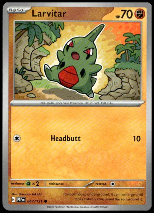 Larvitar Pokémon Card 2025: Prismatic Evolutions #047/131 - 70 HP, Headbutt Attack.