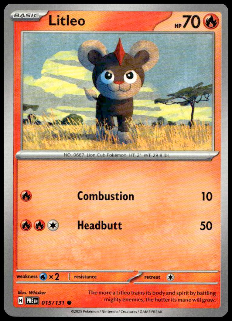 Litleo Pokémon card from 2025 Prismatic Evolutions series with fiery design and savanna setting.
