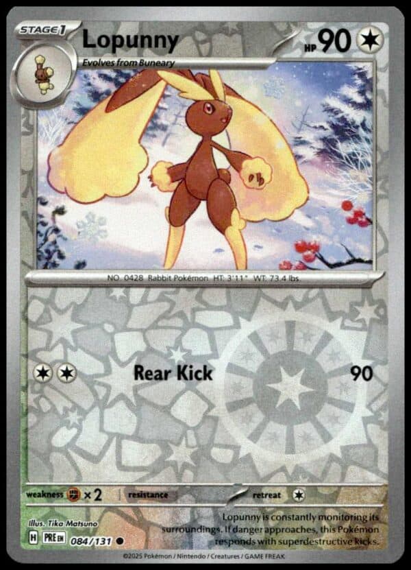 Lopunny card from 2025 Prismatic Evolutions series, featuring Rear Kick attack and 90 HP.