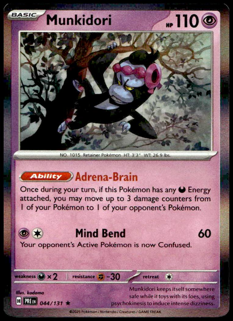 Psychic-type Munkidori Pokémon card with Adrenal-Brain ability and Mind Bend attack.