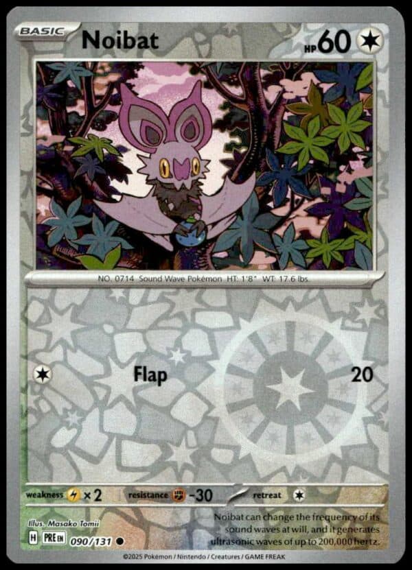 Noibat Pokémon card from 2025 Prismatic Evolutions series, featuring Flap attack and 60 HP.